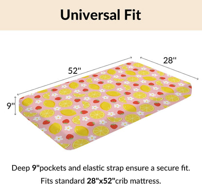 Vintage Lemon Boho Floral Baby Boys Girls Crib Sheets Pink Strawberry Daisy Flower Toddler Bed Sheets Summer Fruit Fitted Crib Mattress Cover for Standard Crib Mattresses 52''x28''