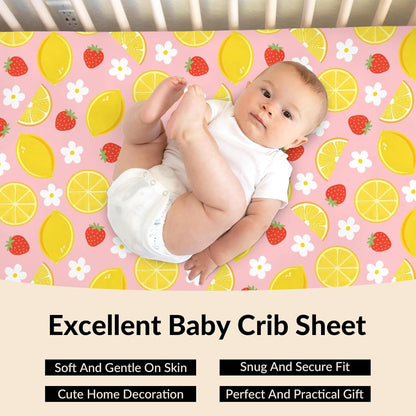 Vintage Lemon Boho Floral Baby Boys Girls Crib Sheets Pink Strawberry Daisy Flower Toddler Bed Sheets Summer Fruit Fitted Crib Mattress Cover for Standard Crib Mattresses 52''x28''