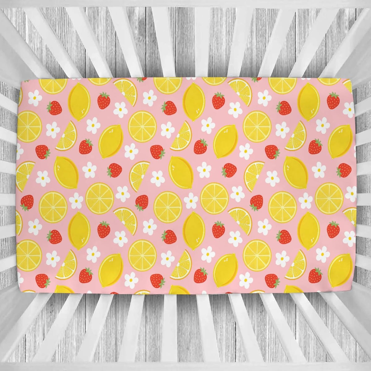 Vintage Lemon Boho Floral Baby Boys Girls Crib Sheets Pink Strawberry Daisy Flower Toddler Bed Sheets Summer Fruit Fitted Crib Mattress Cover for Standard Crib Mattresses 52''x28''