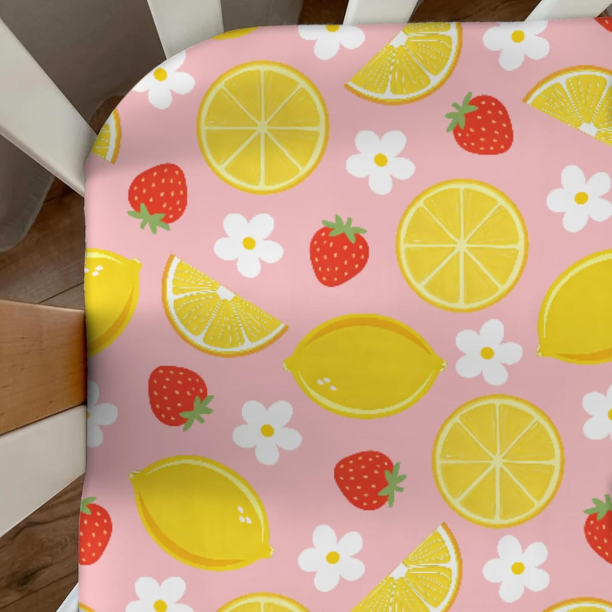 Vintage Lemon Boho Floral Baby Boys Girls Crib Sheets Pink Strawberry Daisy Flower Toddler Bed Sheets Summer Fruit Fitted Crib Mattress Cover for Standard Crib Mattresses 52''x28''