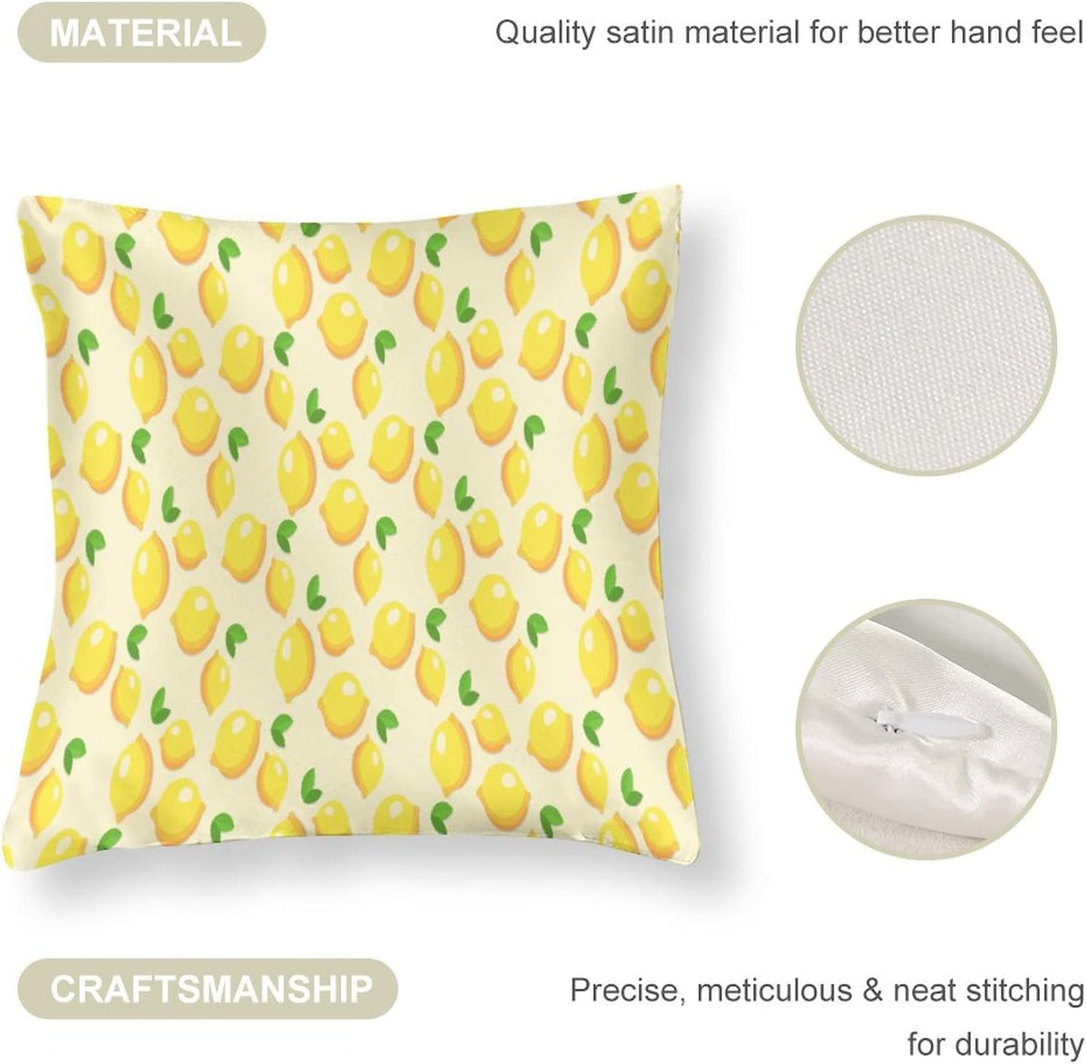 Satin Throw Pillow Covers Yellow Sweet Lemon Throw Pillow Cover Square Fresh Lemons Fruit Throw Pillow Cases Hidden Zipper for Home Bed Sofa 16"x16" Cooling Summer Pillow Covers