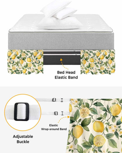 Lemon Flower Bed Skirt Queen Size 16 Inch Drop, Adjustable Elastic Wrap Around Bed Skirts Easy Fitting Dust Ruffle Bedskirt Bed Frame Cover Green Leaf Fruit Botanical Plant Yellow