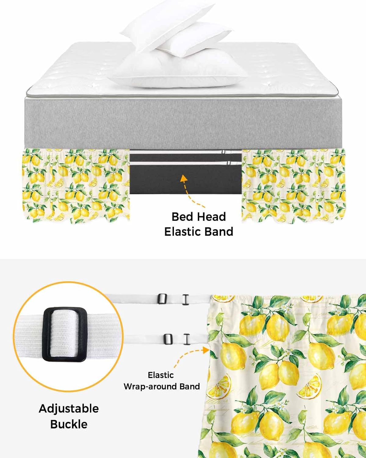 Yellow Lemon Bed Skirt Queen Size 16 Inch Drop, Adjustable Elastic Wrap Around Bed Skirts Easy Fitting Dust Ruffle Bedskirt Bed Frame Cover Summer Fruit Green Retro Farmhouse Leaf
