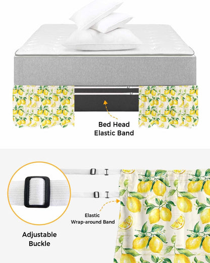Yellow Lemon Bed Skirt Queen Size 16 Inch Drop, Adjustable Elastic Wrap Around Bed Skirts Easy Fitting Dust Ruffle Bedskirt Bed Frame Cover Summer Fruit Green Retro Farmhouse Leaf