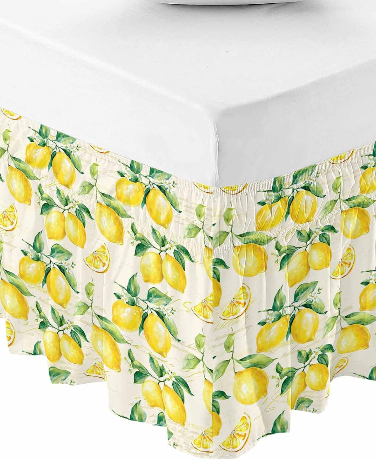 Yellow Lemon Bed Skirt Queen Size 16 Inch Drop, Adjustable Elastic Wrap Around Bed Skirts Easy Fitting Dust Ruffle Bedskirt Bed Frame Cover Summer Fruit Green Retro Farmhouse Leaf