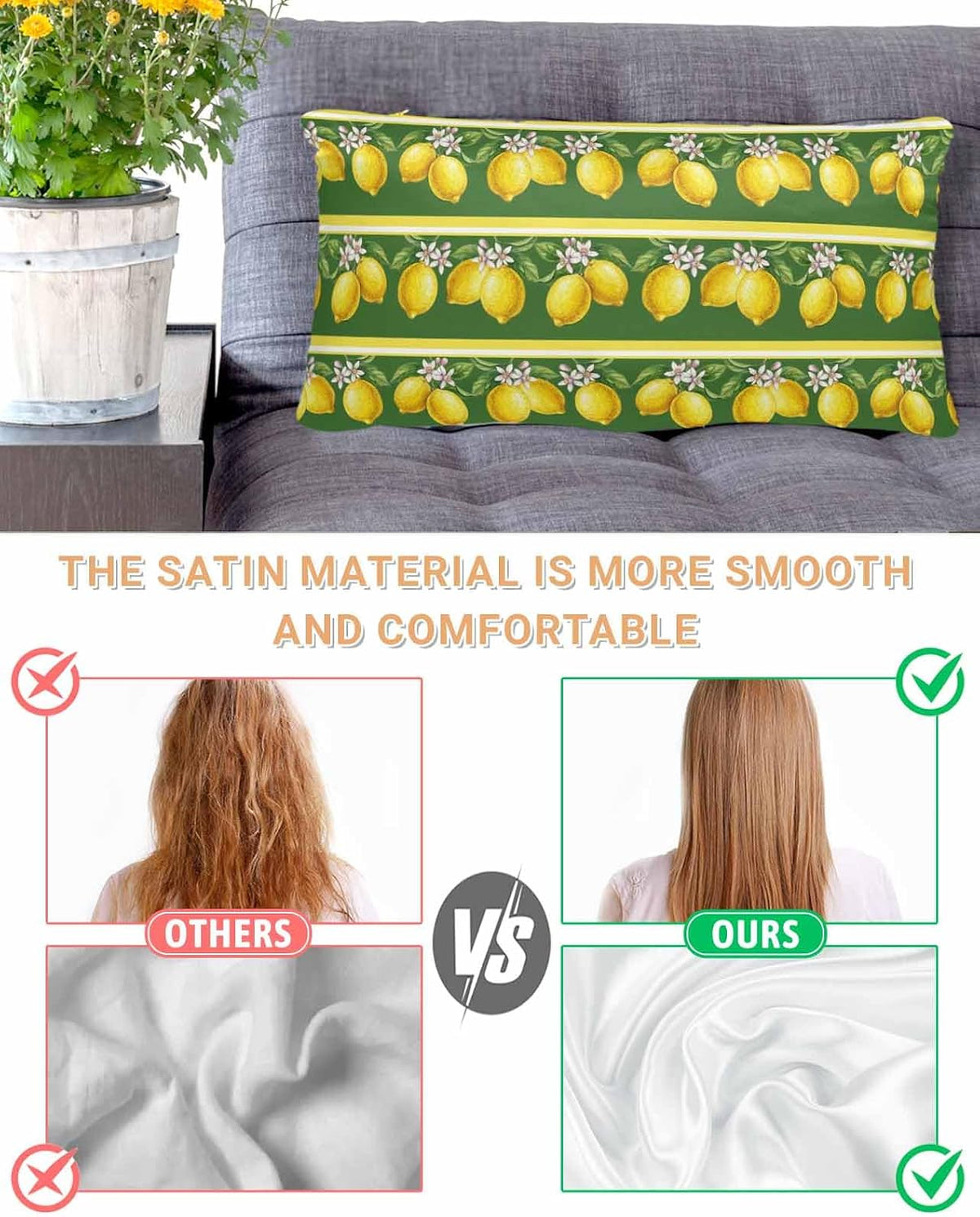 Summer Lemons Satin Pillowcase for Hair and Skin, Yellow Fruit Leaf Striped Green Background Silky Pillow Cases Standard Size with Zipper 1 Pack Soft Cooling Pillow Cover for Women Men, 20''x40''