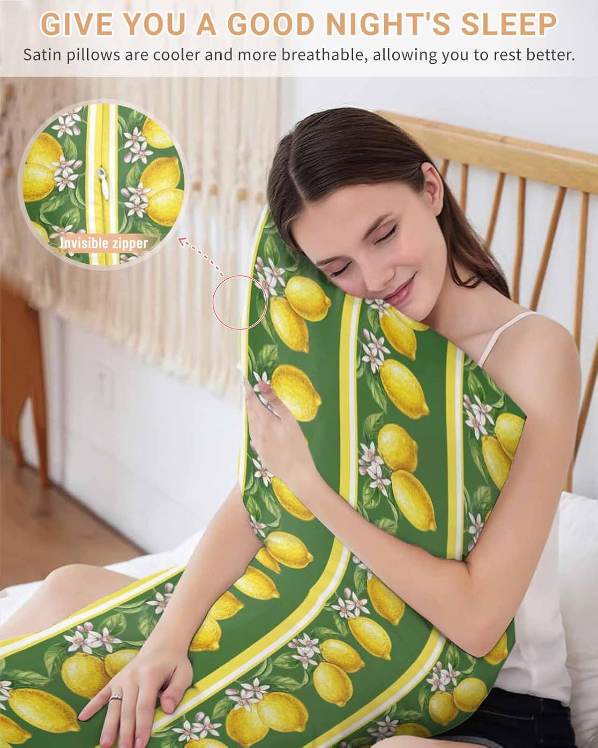 Summer Lemons Satin Pillowcase for Hair and Skin, Yellow Fruit Leaf Striped Green Background Silky Pillow Cases Standard Size with Zipper 1 Pack Soft Cooling Pillow Cover for Women Men, 20''x40''