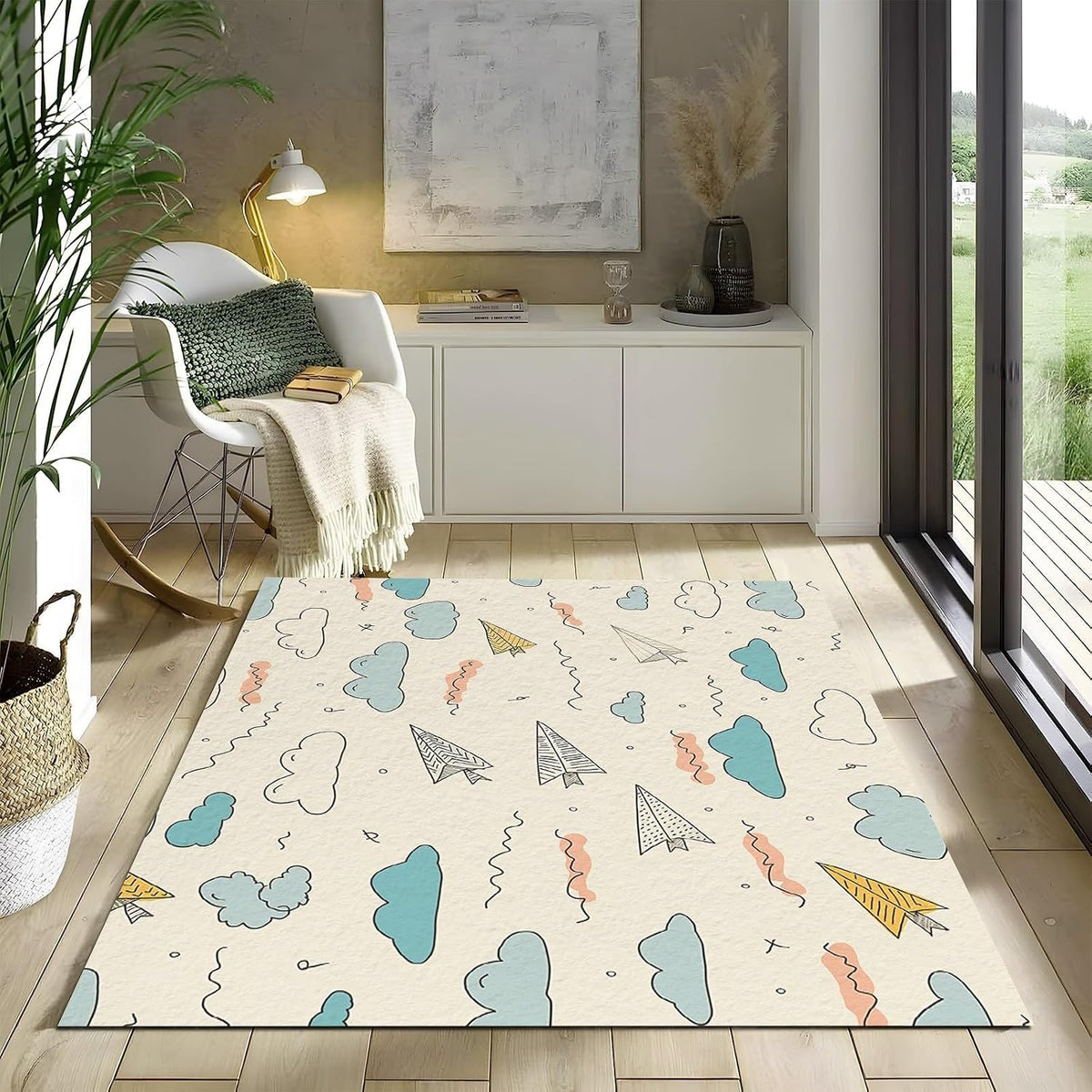 Washable Rugs 2 X 3 Ft, Modern Abstract Geometric Shapes Carpets, Ultra Soft Faux Wool Rug, Non Slip & Non-Shedding Low Pile Light Yellow Print Carpets for Living Room Bedroom Home Office Decor