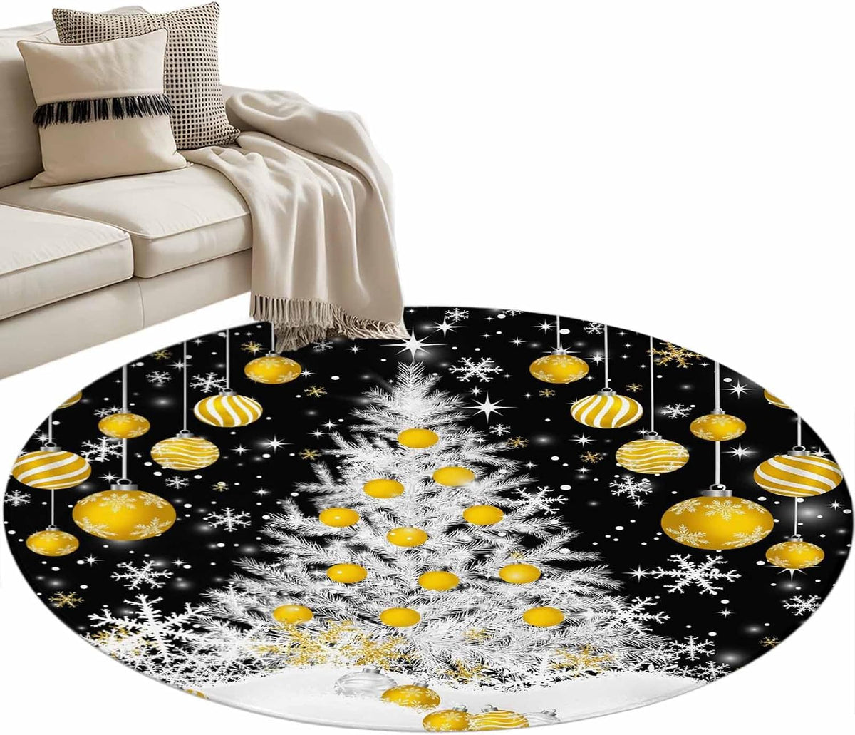 Round Rugs 3.3 Ft, Black Yellow Christmas Non Slip Area Rugs for Kitchen Bedroom Entryway, Xmas Tree Snowflake Winter Washable Carpet Runner Rug Floor Mats for Bedroom Home Decor