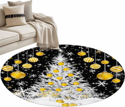Round Rugs 3.3 Ft, Black Yellow Christmas Non Slip Area Rugs for Kitchen Bedroom Entryway, Xmas Tree Snowflake Winter Washable Carpet Runner Rug Floor Mats for Bedroom Home Decor