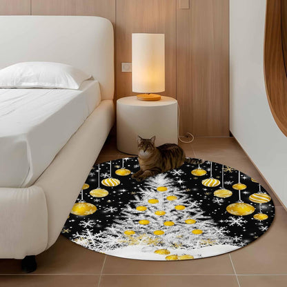 Round Rugs 3.3 Ft, Black Yellow Christmas Non Slip Area Rugs for Kitchen Bedroom Entryway, Xmas Tree Snowflake Winter Washable Carpet Runner Rug Floor Mats for Bedroom Home Decor