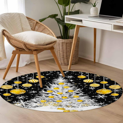 Round Rugs 3.3 Ft, Black Yellow Christmas Non Slip Area Rugs for Kitchen Bedroom Entryway, Xmas Tree Snowflake Winter Washable Carpet Runner Rug Floor Mats for Bedroom Home Decor