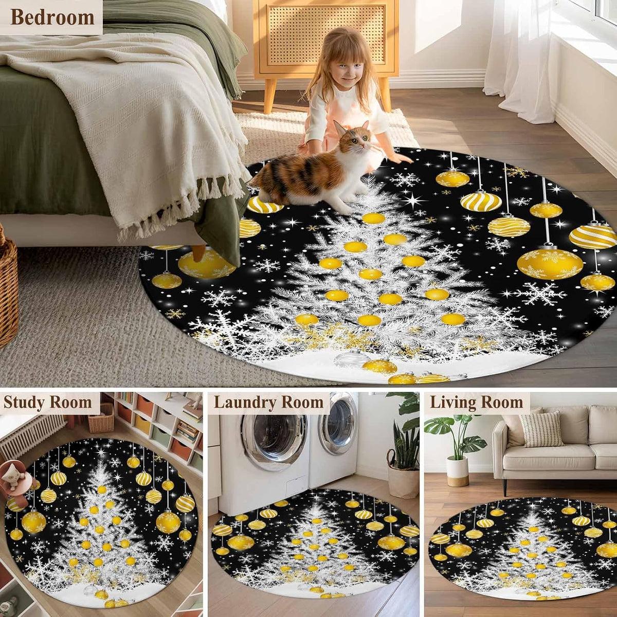 Round Rugs 3.3 Ft, Black Yellow Christmas Non Slip Area Rugs for Kitchen Bedroom Entryway, Xmas Tree Snowflake Winter Washable Carpet Runner Rug Floor Mats for Bedroom Home Decor