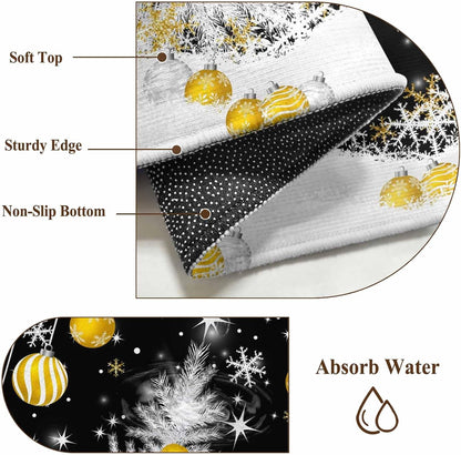 Round Rugs 3.3 Ft, Black Yellow Christmas Non Slip Area Rugs for Kitchen Bedroom Entryway, Xmas Tree Snowflake Winter Washable Carpet Runner Rug Floor Mats for Bedroom Home Decor