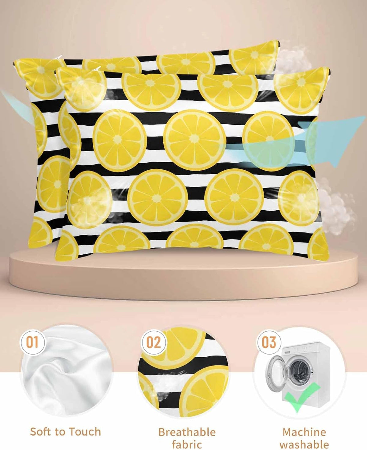 Yellow Lemon Pillow Cases Standard Size Set of 2, Summer Botanical Fruits Black White Stripes Satin Pillowcase with Zipper for Hair/Skin, Decorative Pillow Covers for Bed/Couch/Sofa, 20x26 Inches
