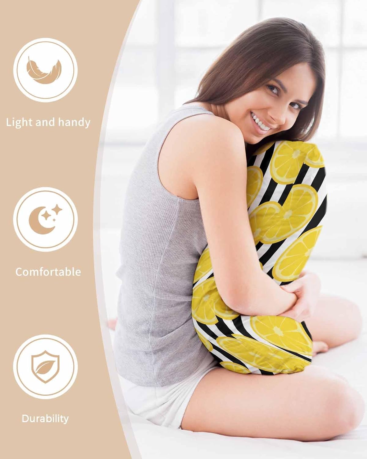 Yellow Lemon Pillow Cases Standard Size Set of 2, Summer Botanical Fruits Black White Stripes Satin Pillowcase with Zipper for Hair/Skin, Decorative Pillow Covers for Bed/Couch/Sofa, 20x26 Inches