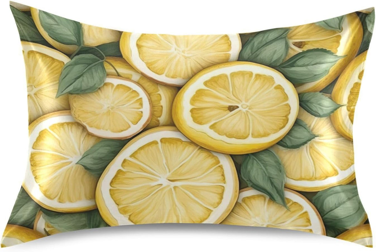 Yellow Lemons Leaves Satin Pillowcase for Hair and Skin Body Bed Pillow Cases Standard Size 20"X26" Throw Pillow with Envelope Closure for Men
