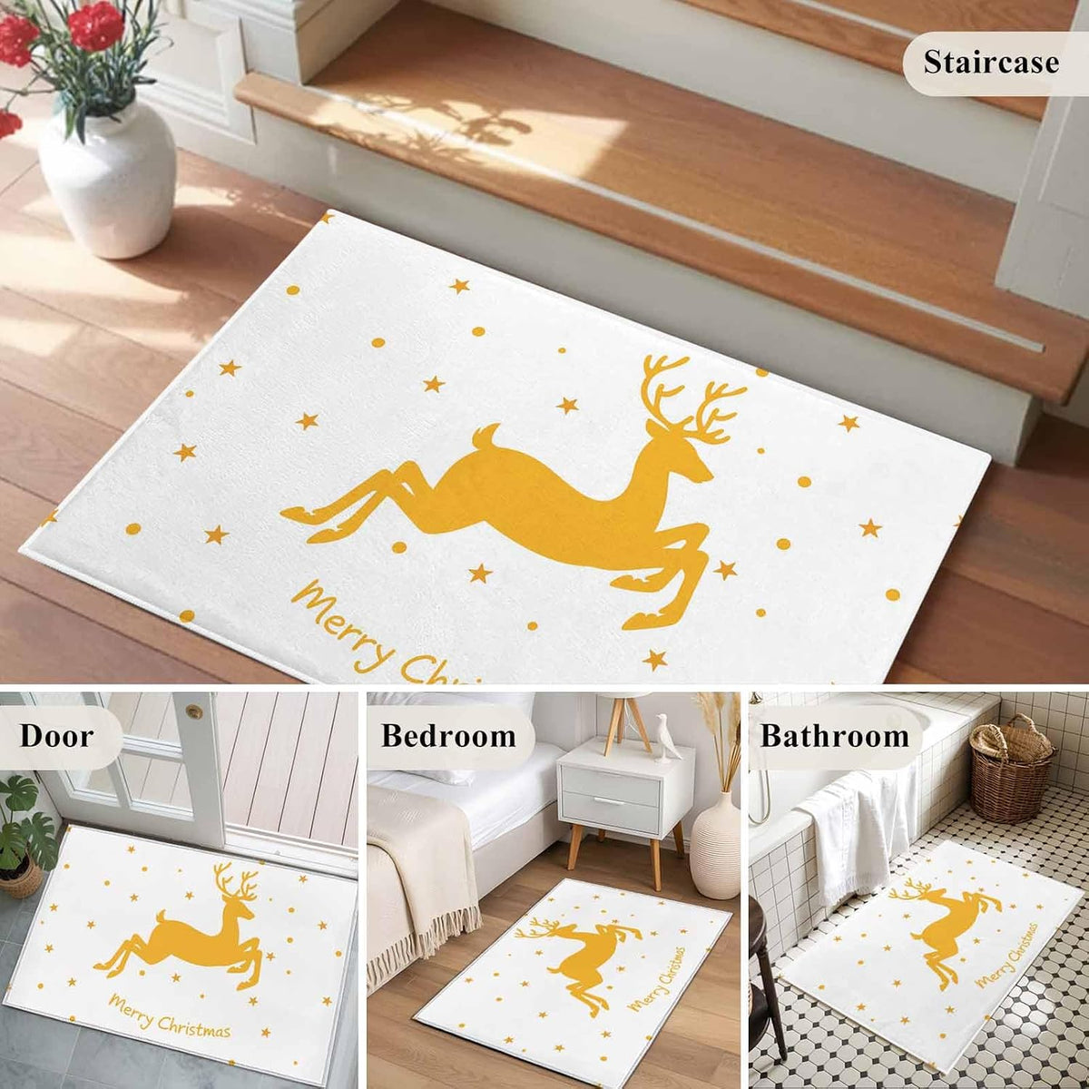 Yellow Reindeer 2x3 Area Rugs for Living Room, Merry Christmas Stars Winter Non Slip Floor Mat Washable Low-Profile Indoor Carpet for Bedroom, Dining Room, Bathroom