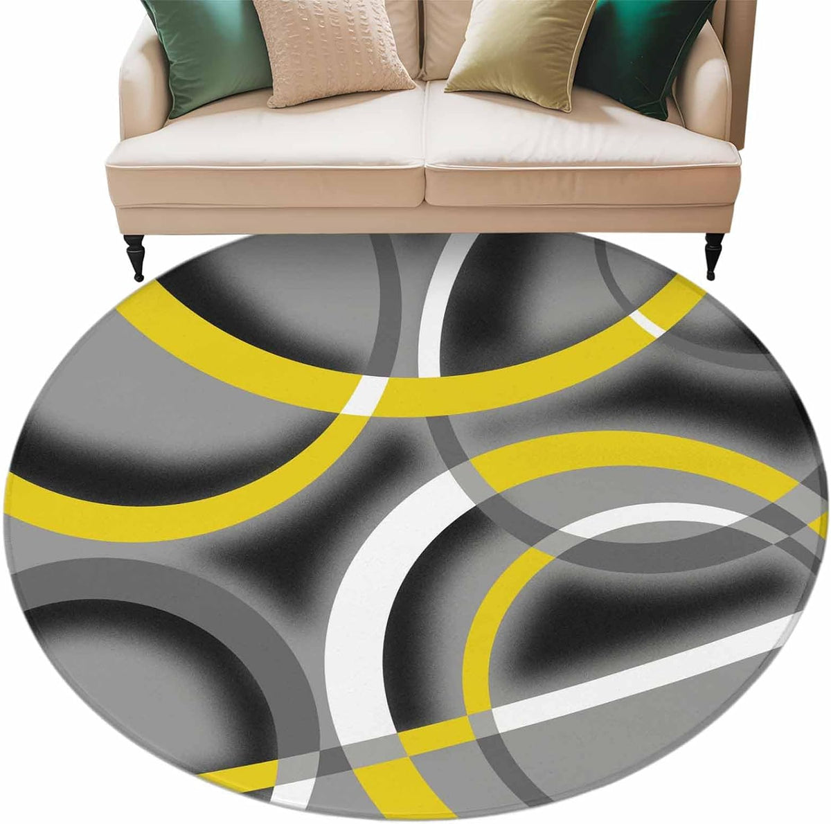 Large Area Rugs for Bedroom Living Room, Yellow Geometric Soft Non Slip Carpet Bedside Rug, Gray Black Retro Abstract Stripes Lines Round Floor Cover Kitchen Accent Rug 6' for Dining Room/Office
