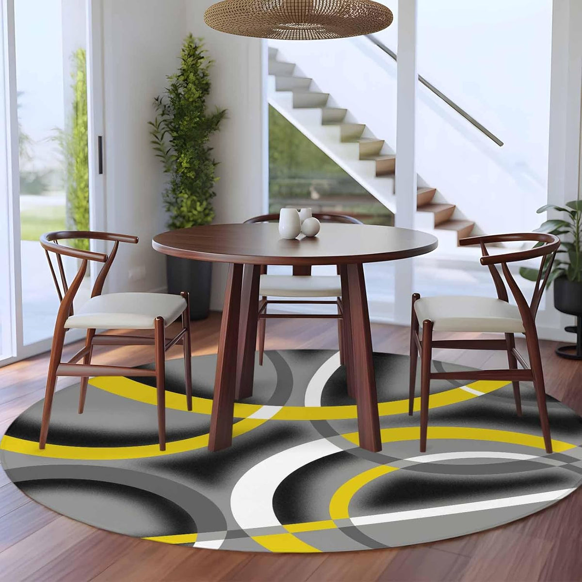 Large Area Rugs for Bedroom Living Room, Yellow Geometric Soft Non Slip Carpet Bedside Rug, Gray Black Retro Abstract Stripes Lines Round Floor Cover Kitchen Accent Rug 6' for Dining Room/Office
