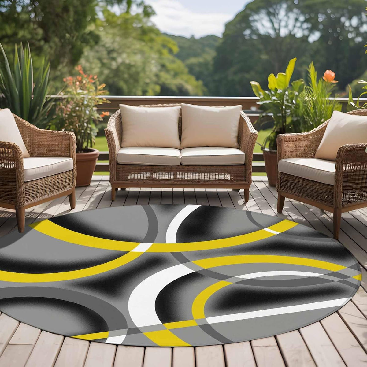 Large Area Rugs for Bedroom Living Room, Yellow Geometric Soft Non Slip Carpet Bedside Rug, Gray Black Retro Abstract Stripes Lines Round Floor Cover Kitchen Accent Rug 6' for Dining Room/Office