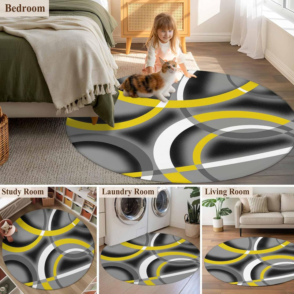 Large Area Rugs for Bedroom Living Room, Yellow Geometric Soft Non Slip Carpet Bedside Rug, Gray Black Retro Abstract Stripes Lines Round Floor Cover Kitchen Accent Rug 6' for Dining Room/Office