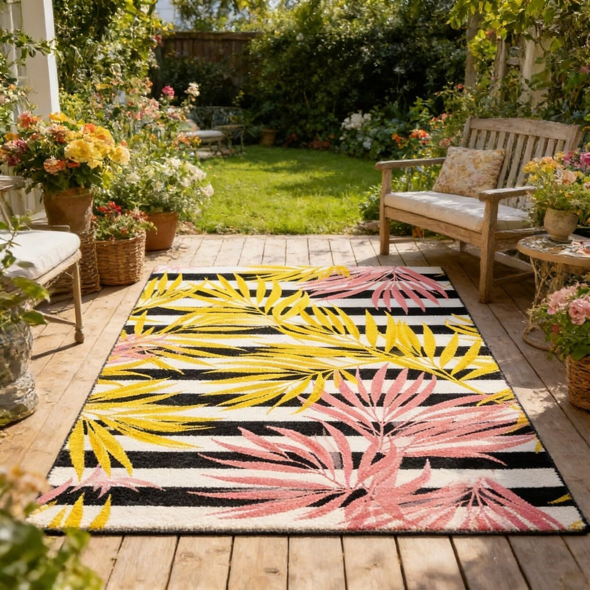 Yellow Pink Leaf Indoor Outdoor Rugs for Camping Patio Balcony Backyard Nursery Black and White Striped Rug 5x8 Garden Pool Front Yard Home Entrance Durable Anti Slip Tropical Area Rug