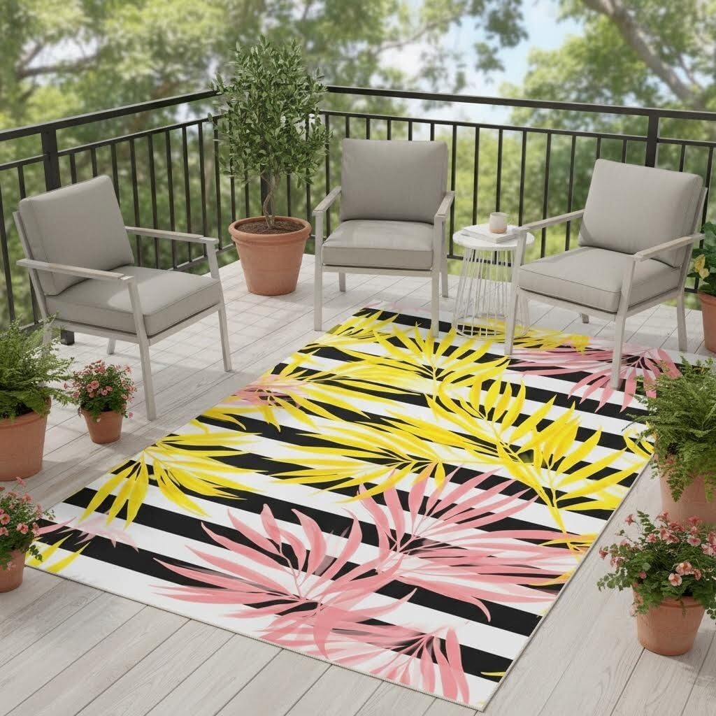 Yellow Pink Leaf Indoor Outdoor Rugs for Camping Patio Balcony Backyard Nursery Black and White Striped Rug 5x8 Garden Pool Front Yard Home Entrance Durable Anti Slip Tropical Area Rug
