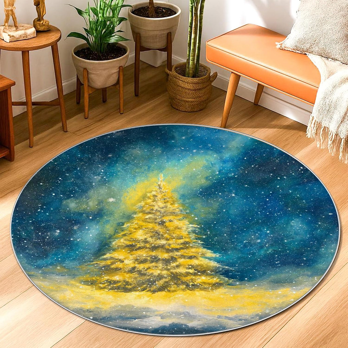 Pine Tree Area Rug, Winter Festive Snow Stars Winter Yellow Non-Slip Backing Edge Binding Doormat Throw Rug Circle Entryway Bathroom Laundry Room Decor 3' X 3'