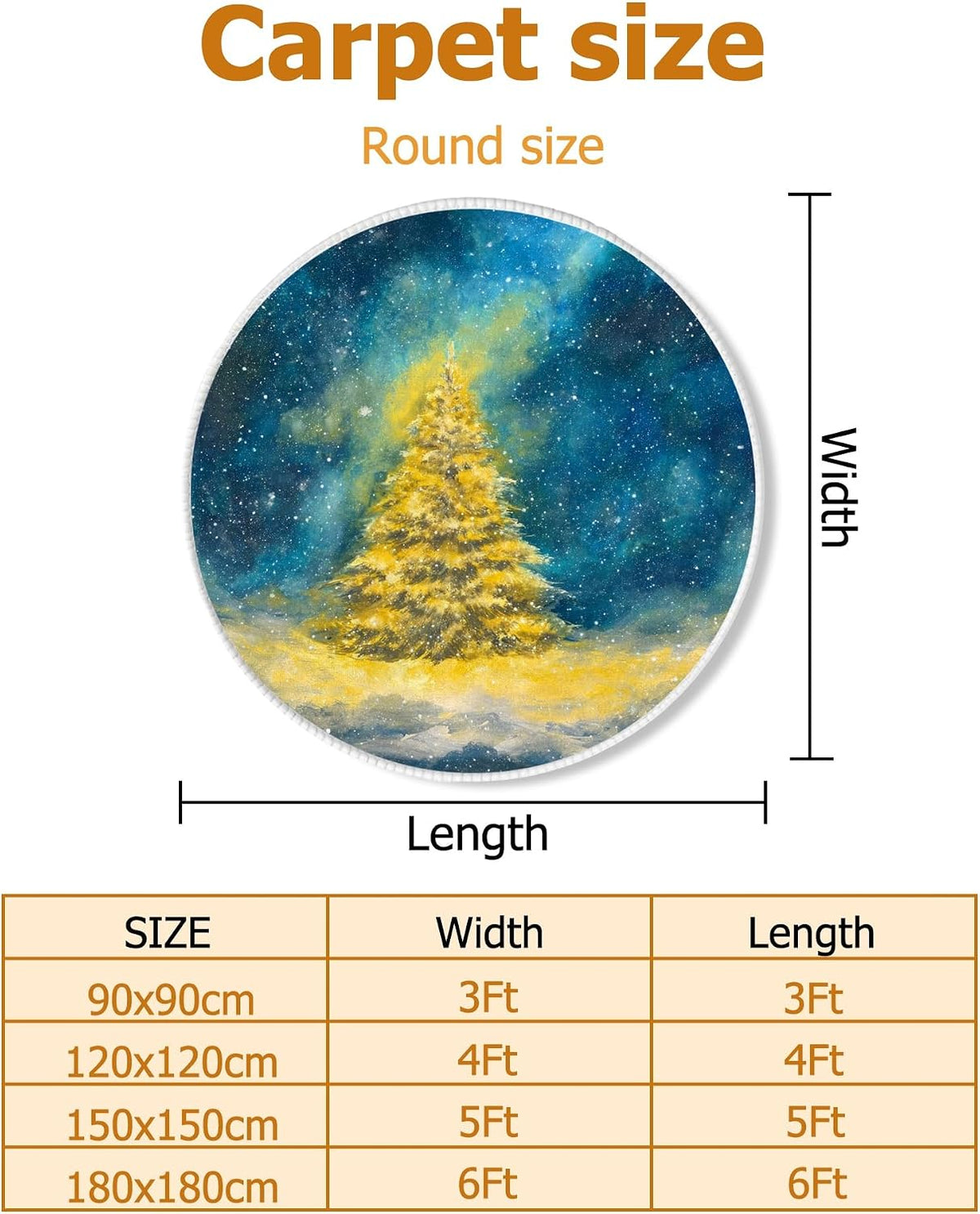 Pine Tree Area Rug, Winter Festive Snow Stars Winter Yellow Non-Slip Backing Edge Binding Doormat Throw Rug Circle Entryway Bathroom Laundry Room Decor 3' X 3'