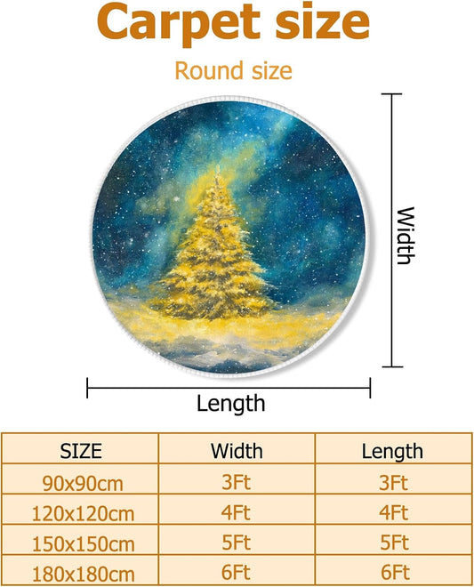 Pine Tree Area Rug, Winter Festive Snow Stars Winter Yellow Non-Slip Backing Edge Binding Doormat Throw Rug Circle Entryway Bathroom Laundry Room Decor 3' X 3'