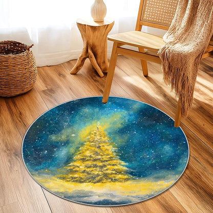 Pine Tree Area Rug, Winter Festive Snow Stars Winter Yellow Non-Slip Backing Edge Binding Doormat Throw Rug Circle Entryway Bathroom Laundry Room Decor 3' X 3'