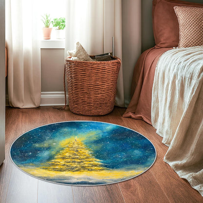 Pine Tree Area Rug, Winter Festive Snow Stars Winter Yellow Non-Slip Backing Edge Binding Doormat Throw Rug Circle Entryway Bathroom Laundry Room Decor 3' X 3'