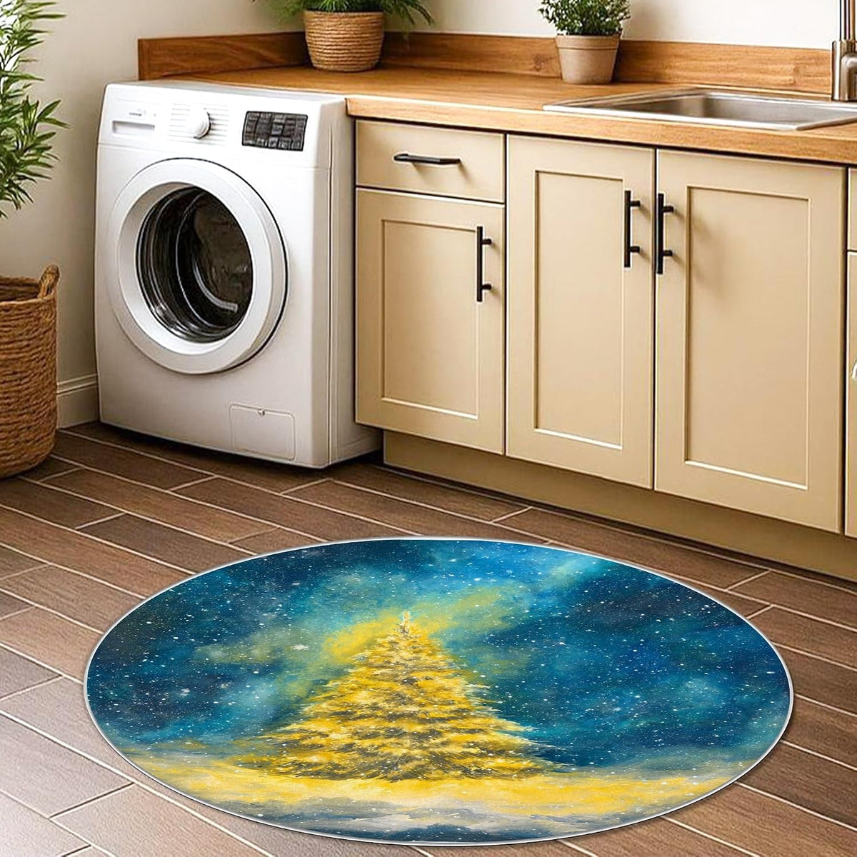 Pine Tree Area Rug, Winter Festive Snow Stars Winter Yellow Non-Slip Backing Edge Binding Doormat Throw Rug Circle Entryway Bathroom Laundry Room Decor 3' X 3'
