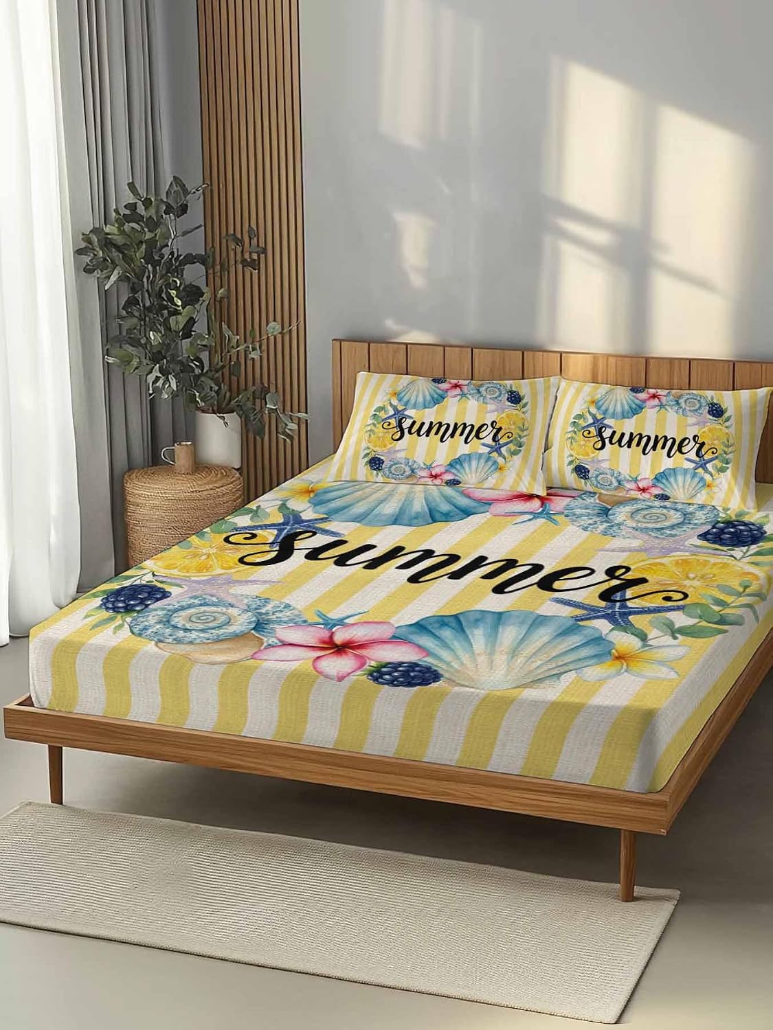 3 Pieces Twin XL Fitted Sheet Set, Summer Sea Stars Shells Lemon Deep Pocket Up to 16", Vintage Yellow Striped Soft Elastic Bed Sheets and Pillow Cases Secure Fit