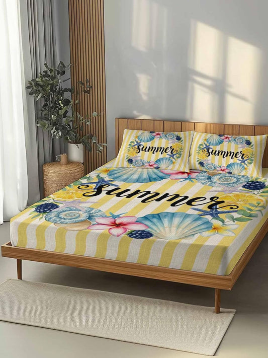3 Pieces Twin XL Fitted Sheet Set, Summer Sea Stars Shells Lemon Deep Pocket Up to 16", Vintage Yellow Striped Soft Elastic Bed Sheets and Pillow Cases Secure Fit