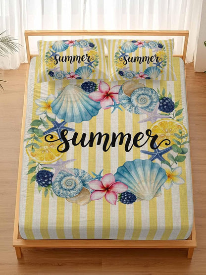 3 Pieces Twin XL Fitted Sheet Set, Summer Sea Stars Shells Lemon Deep Pocket Up to 16", Vintage Yellow Striped Soft Elastic Bed Sheets and Pillow Cases Secure Fit