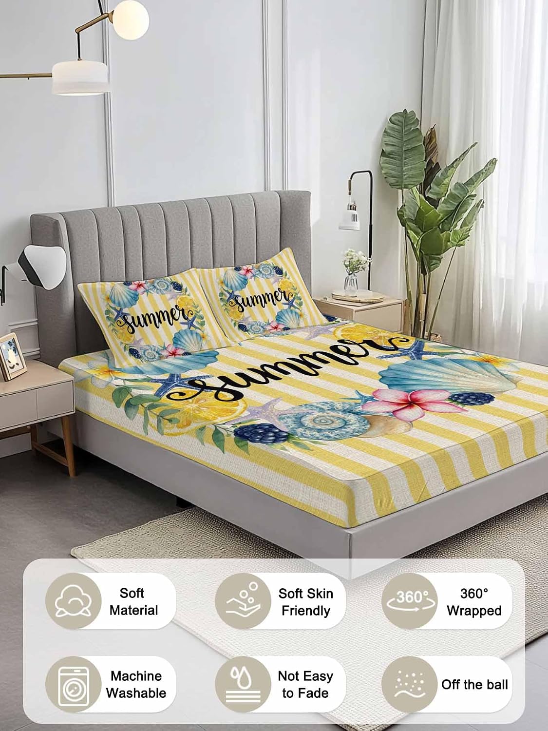 3 Pieces Twin XL Fitted Sheet Set, Summer Sea Stars Shells Lemon Deep Pocket Up to 16", Vintage Yellow Striped Soft Elastic Bed Sheets and Pillow Cases Secure Fit