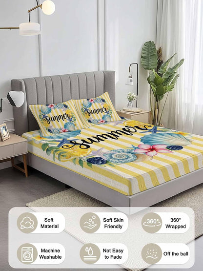 3 Pieces Twin XL Fitted Sheet Set, Summer Sea Stars Shells Lemon Deep Pocket Up to 16", Vintage Yellow Striped Soft Elastic Bed Sheets and Pillow Cases Secure Fit