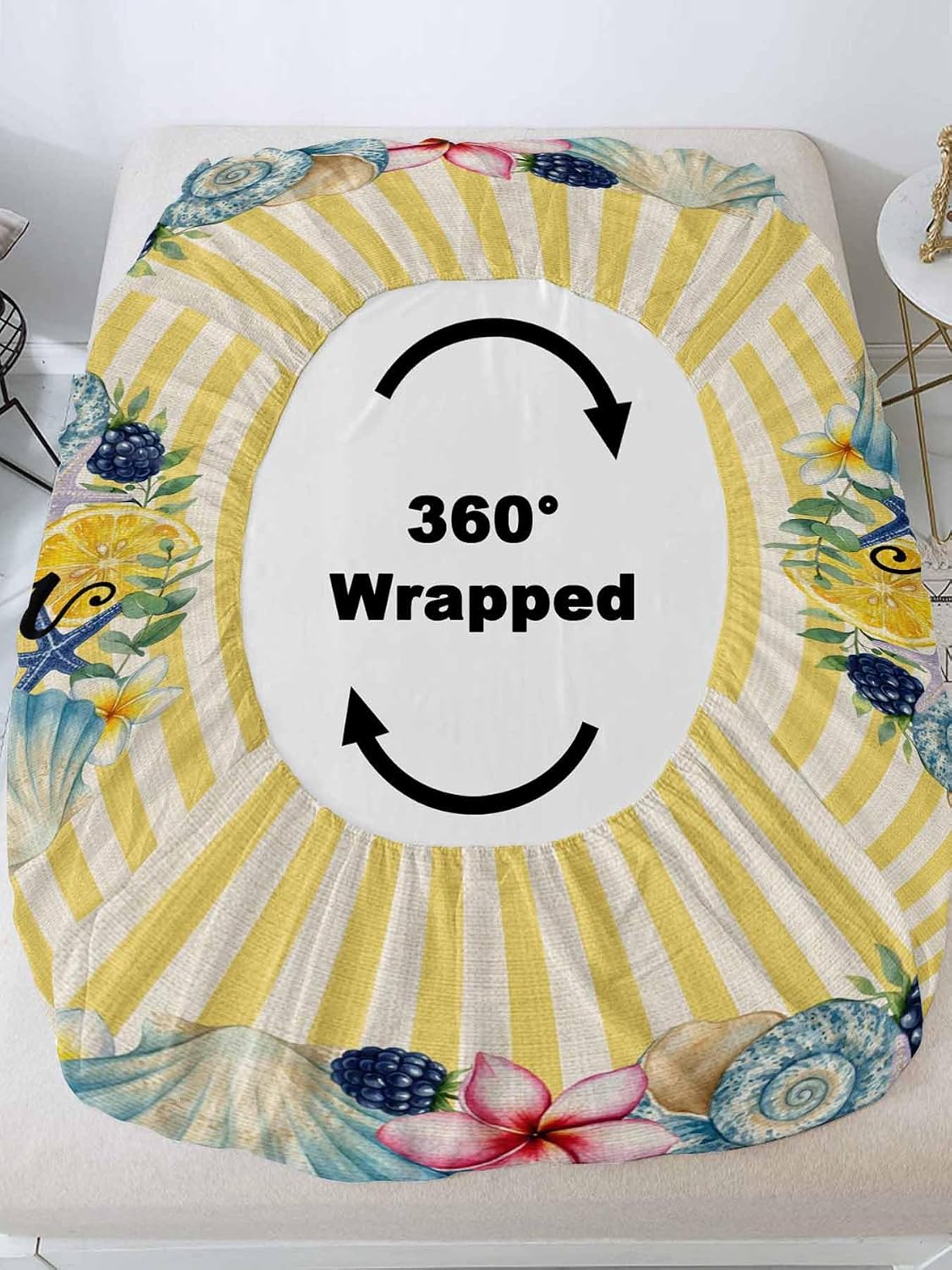 3 Pieces Twin XL Fitted Sheet Set, Summer Sea Stars Shells Lemon Deep Pocket Up to 16", Vintage Yellow Striped Soft Elastic Bed Sheets and Pillow Cases Secure Fit