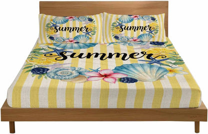 3 Pieces Twin XL Fitted Sheet Set, Summer Sea Stars Shells Lemon Deep Pocket Up to 16", Vintage Yellow Striped Soft Elastic Bed Sheets and Pillow Cases Secure Fit