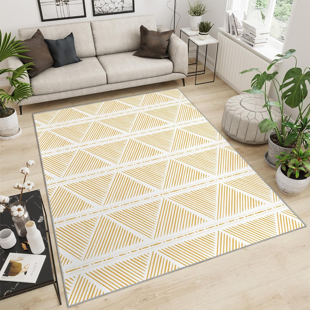 Geometric Rugs for Living Room - 4x5 Rug, Modern Simple Art Rugs for Bedroom, Bohemian Area Rug, Washable Non-Slip Carpet for Office Study Home Decor - Light Yellow