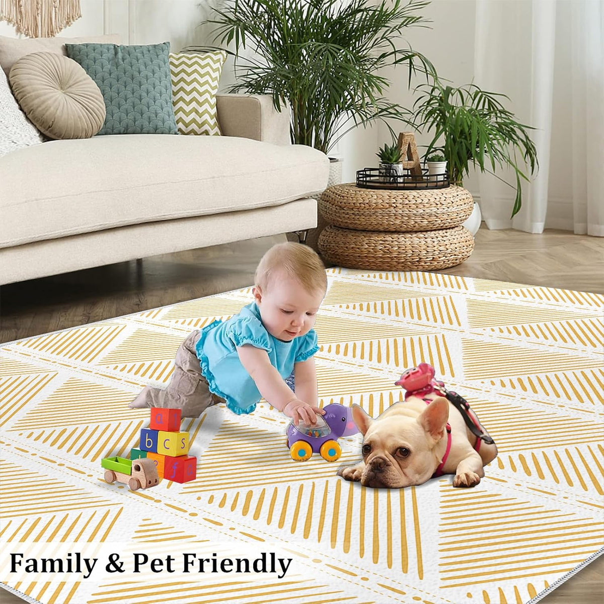 Geometric Rugs for Living Room - 4x5 Rug, Modern Simple Art Rugs for Bedroom, Bohemian Area Rug, Washable Non-Slip Carpet for Office Study Home Decor - Light Yellow