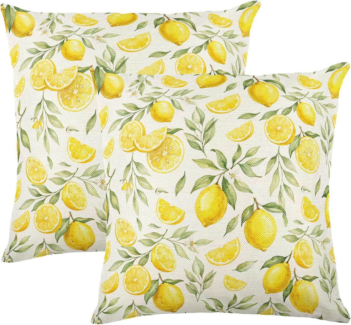 White Base Watercolor Yellow Lemon Linen Throw Pillow Cover 18x18 InchSet of 2 Fresh Farmhouse Decor, No Pillow Insert