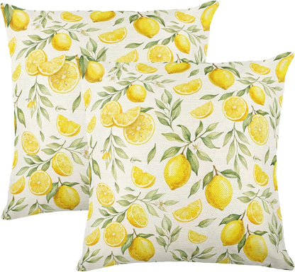 White Base Watercolor Yellow Lemon Linen Throw Pillow Cover 18x18 InchSet of 2 Fresh Farmhouse Decor, No Pillow Insert