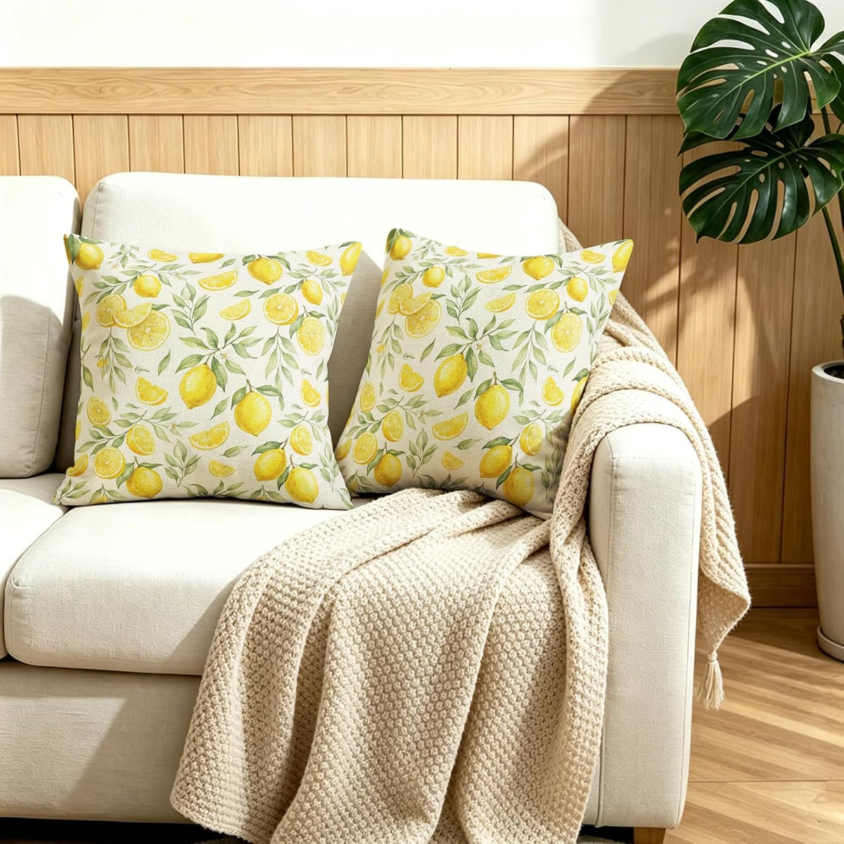 White Base Watercolor Yellow Lemon Linen Throw Pillow Cover 18x18 InchSet of 2 Fresh Farmhouse Decor, No Pillow Insert