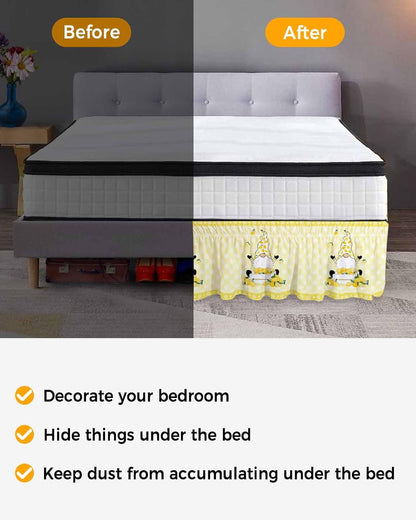 Lemon Gnomes Bed Skirt Queen Size 16 Inch Drop, Adjustable Elastic Wrap Around Bed Skirts Easy Fitting Dust Ruffle Bedskirt Bed Frame Cover Summer Botanical Fruit Leaf Yellow Lattices