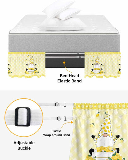 Lemon Gnomes Bed Skirt Queen Size 16 Inch Drop, Adjustable Elastic Wrap Around Bed Skirts Easy Fitting Dust Ruffle Bedskirt Bed Frame Cover Summer Botanical Fruit Leaf Yellow Lattices