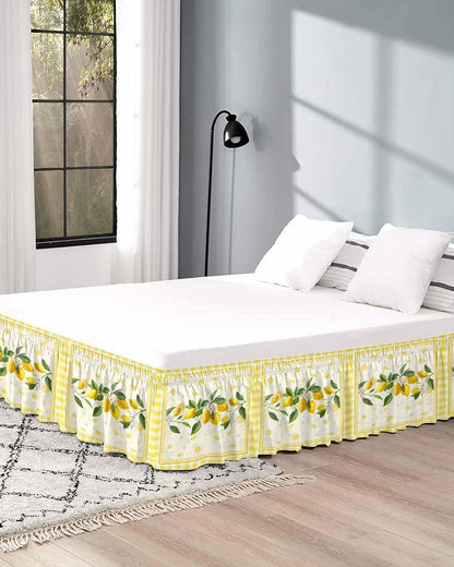 Yellow Lemons Bed Skirt Queen Size 16 Inch Drop, Adjustable Elastic Wrap Around Bed Skirts Easy Fitting Dust Ruffle Bedskirt Bed Frame Cover Summer Botanical Checkered Farmhouse