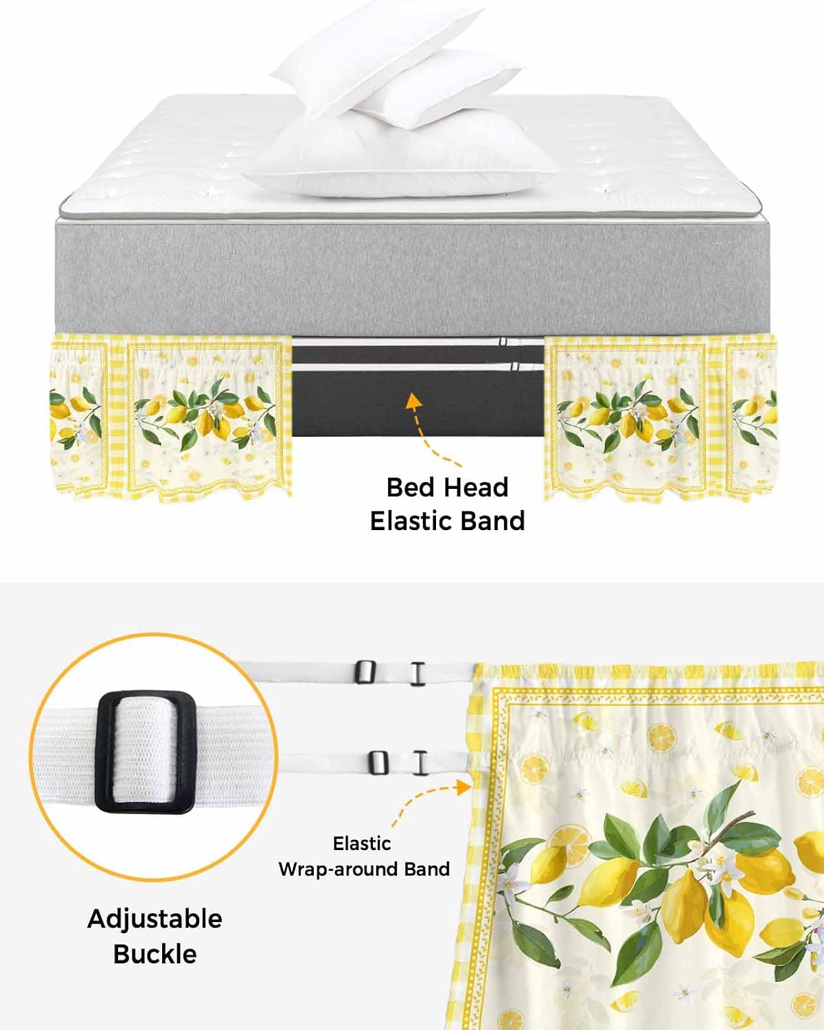 Yellow Lemons Bed Skirt Queen Size 16 Inch Drop, Adjustable Elastic Wrap Around Bed Skirts Easy Fitting Dust Ruffle Bedskirt Bed Frame Cover Summer Botanical Checkered Farmhouse